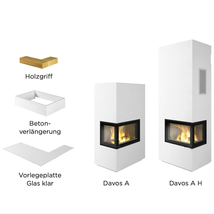 Nordpeis Davos A und A H mit Holzgriff, Betonverlängerung und Vorlegeplatte Glas klar